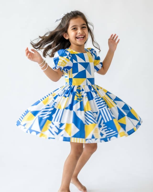 Girls' Vibrant Geo-Print Puff-Sleeve Dress