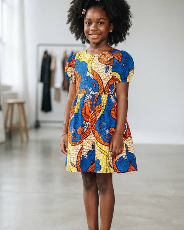 Girls' Vibrant Wax Print Puff-Sleeve Dress