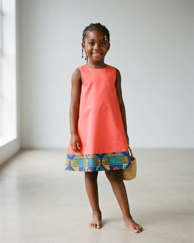 Lively Coral A-Line Dress with African Print Hem