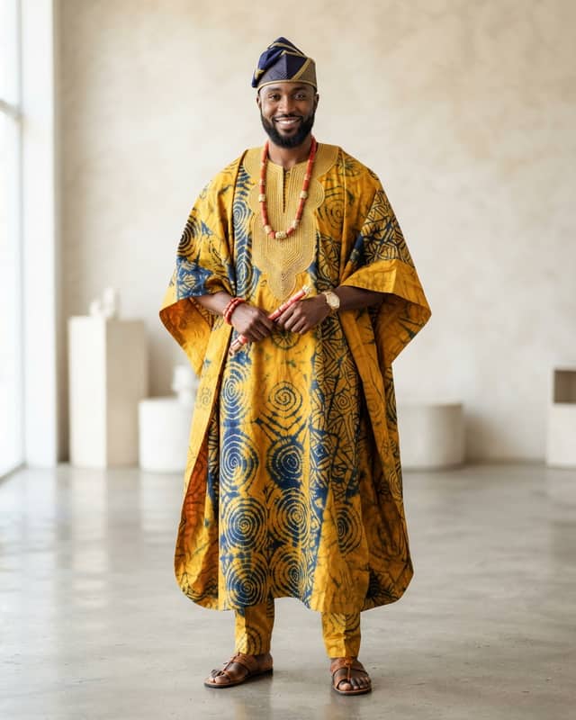 Men's Edo/Bini Grand Kaftan: Adire Golden Yellow & Indigo