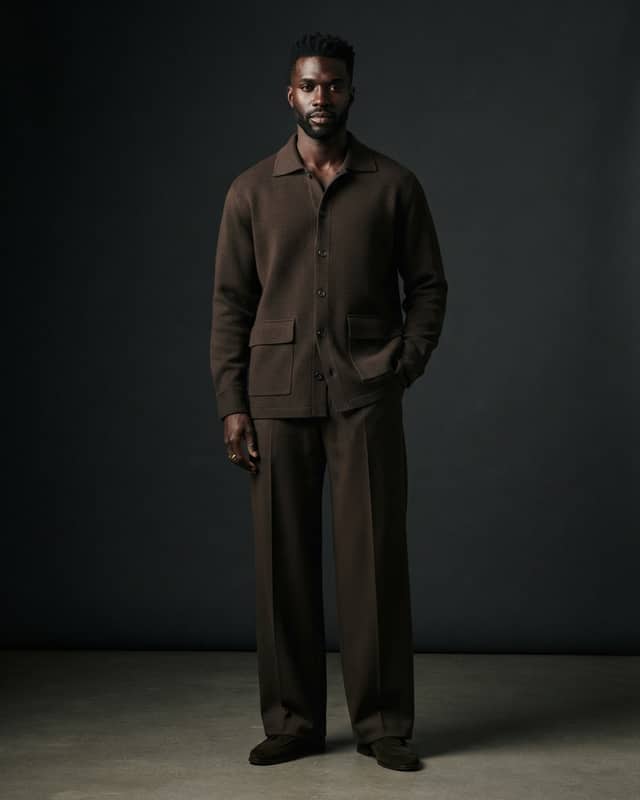 Men's Knit Safari Shirt-Jacket & Wide-Leg Trousers Set