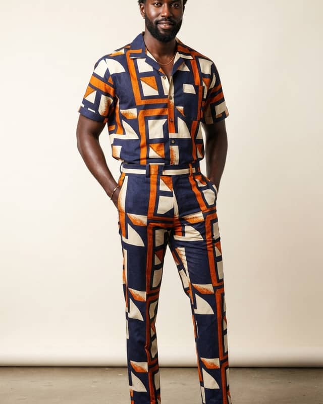 Men's Relaxed Wax-Print Camp Shirt & Trousers Set