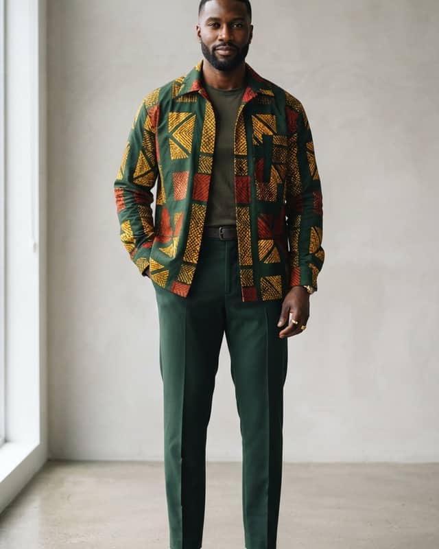 Men's Structured Wax Print Shirt Jacket Ensemble