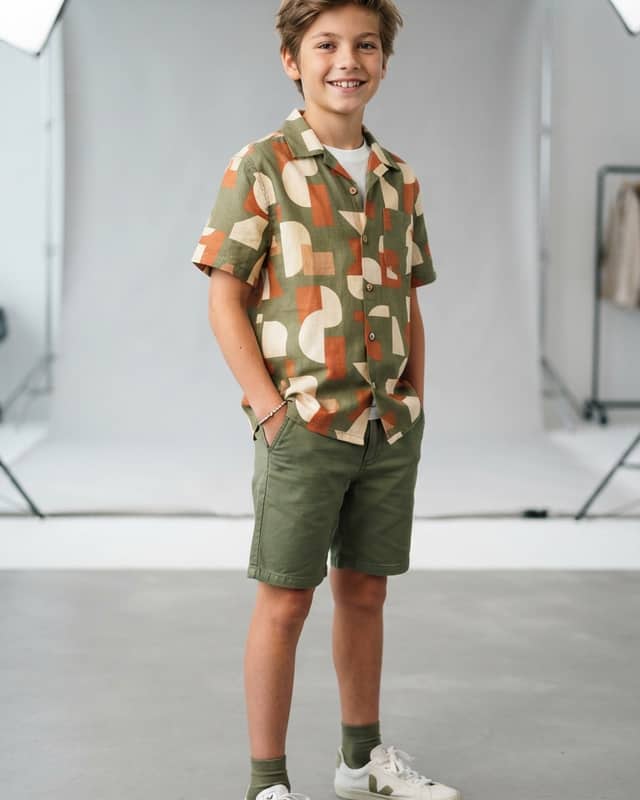 Modern Geometric Print Shirt & Tailored Shorts for Boys